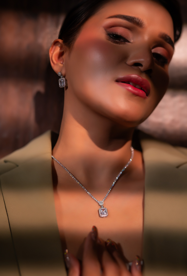 CPS-128 radiant rectangular pendant with matching emerald-cut halo design Ear Ring