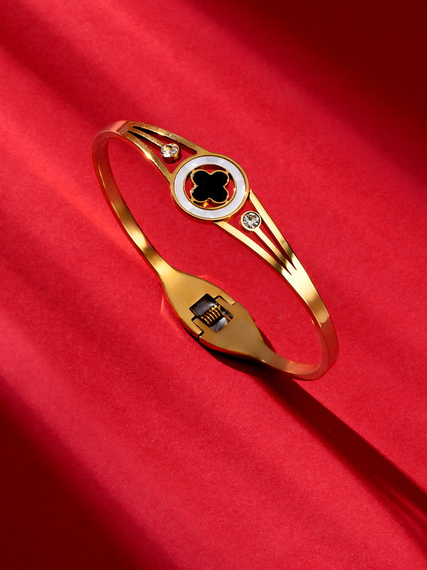 BR-130 Gold Plated Day Adjustable Openable Black Design Stone Shape Kada Bangle Bracelet For Girl's & Women's
